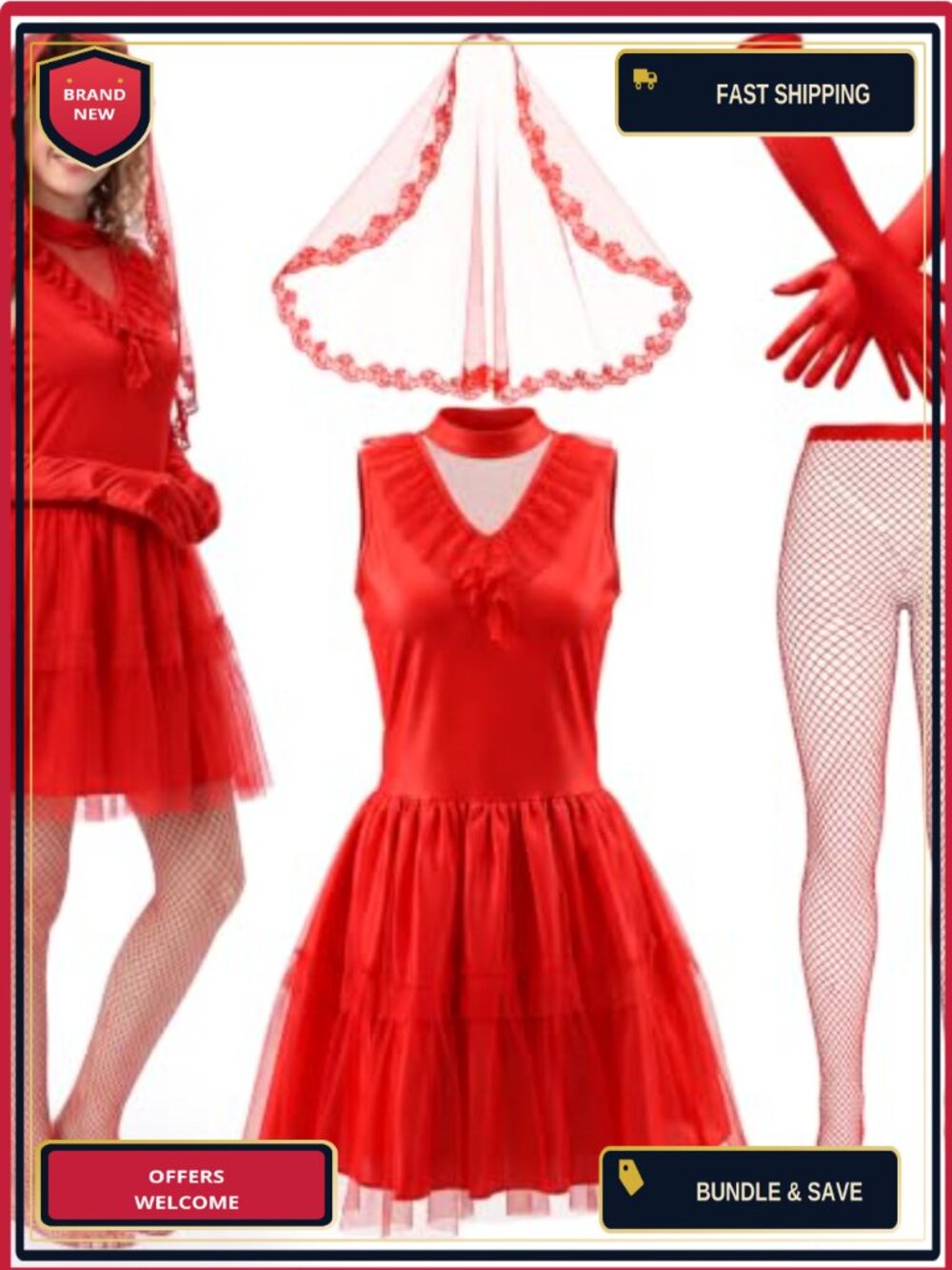 4 Pc Gothic Bride Halloween Costume Set Lace Veil Gloves Fishnets Tulle Satin